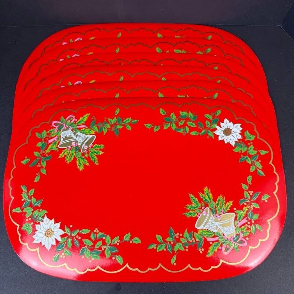Set of 6 Vintage Red Vinyl Cushioned Christmas Placemats, Bells/Holly/Poinsettia
